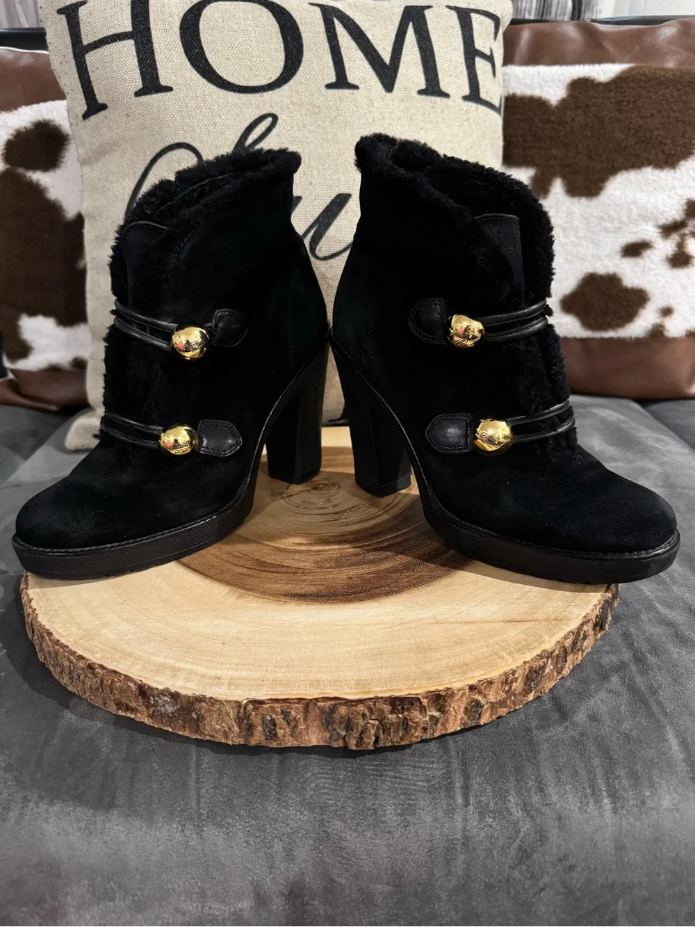 Coach Lenora Black Suede Platform Ankle Boots with Gold Buttons